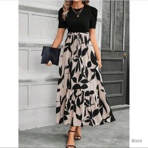 Elegant Black and Cream Floral Maxi Dress